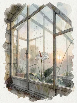 Atmospheric watercolor of the greenhouse glass etched with condensation, a singl