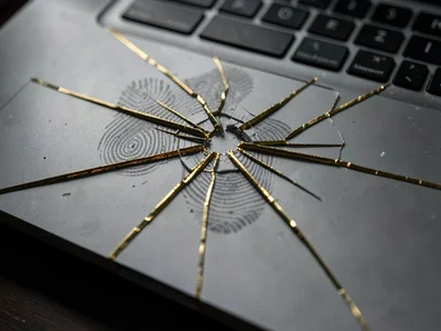 Cracked laptop trackpad with gold seams forming abstract art, fingerprints visib