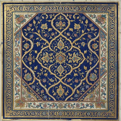 Detail of a richly patterned textile — interlocking medallion and arabesque