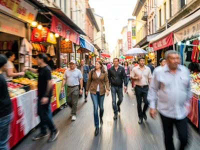 Market scene blurred showing movement