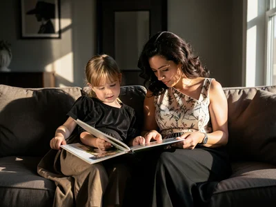 Mother and toddler reading picture book together on couch, afternoon light