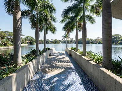Wide ramp descending toward a lagoon, flanked by uniform royal palms casting zeb