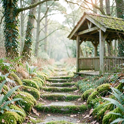Botanical of a moss-covered footpath leading to a wooden range shelter