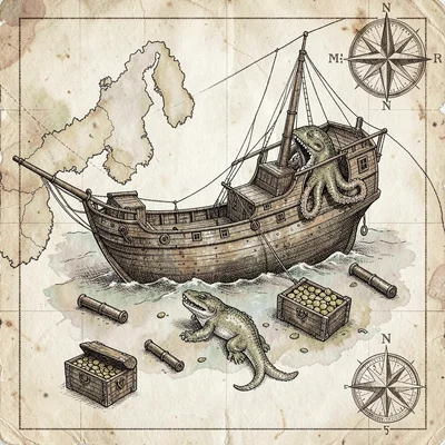 A fictional sunken galleon shipwreck map with the hull resting on the sea floor 