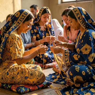Saturated textile-rich photograph, Women seated on floor cushions, embroidering 