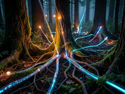 Fiber optic cables emerging from the ground like plant roots, glowing tips, fore