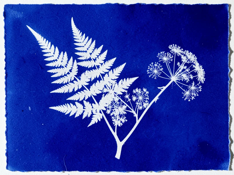 Double exposure cyanotype: fern frond overlaid with Queen Anne's lace, two layer