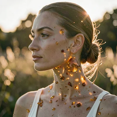 Baltic amber luminescence, backlit golden-brown, A woman wearing amber earrings,
