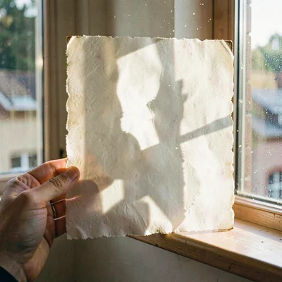 Side-light study of a deckle-edged page held up to a window, painterly motes