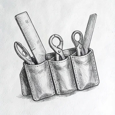 Pen-and-ink composite of a tool belt loaded with a flat bar, snips and a cat's p