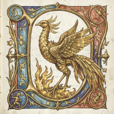 A phoenix rising from ornate flames