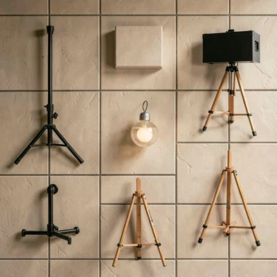 Grid of stage prop tiles: stanchion, pedestal, monitor, easel, pendant