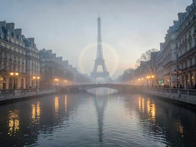 Street lamps creating halo pattern in fog