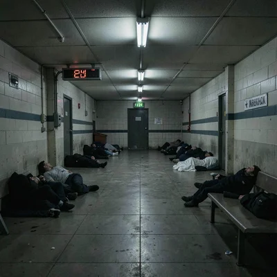 Overnight bus station waiting area with scattered sleepers
