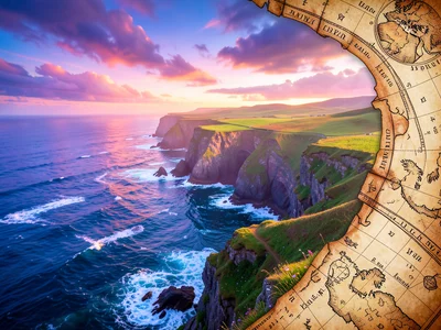 Coastal cliff photograph merging into treasure map illustration at the edges