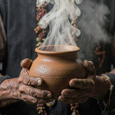 Dense atmospheric mist, rich earthy textures, Hands holding a steaming clay pot,