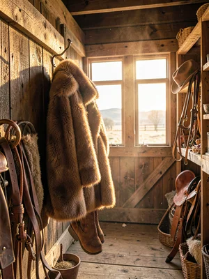 Fendi fur coat on tack room hook, saddles and bridles, luxury outerwear ranch st