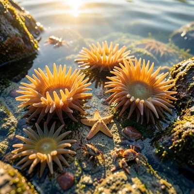 Rocky tide pool with colorful sea anemones, starfish, and small crabs, crystal c