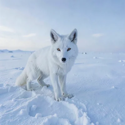 Arctic conditions photograph, extreme cold environment, An Arctic fox in winter 