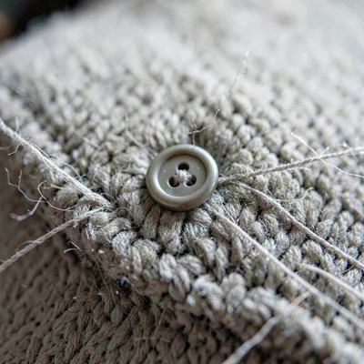 Macro of a small button on a plush belly, thread tails visible