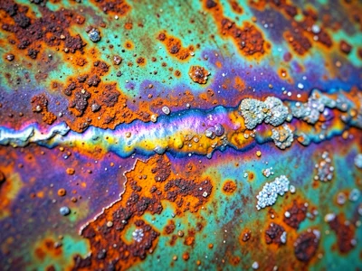 Steel surface with welding heat discoloration, rainbow temper colors from straw 