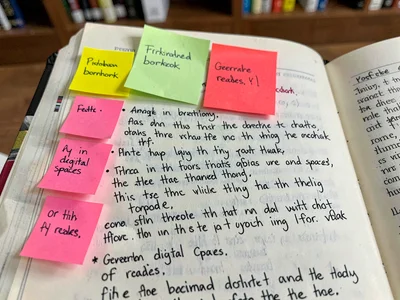 Sticky note marking page in library book, the forbidden bookmark, generations of