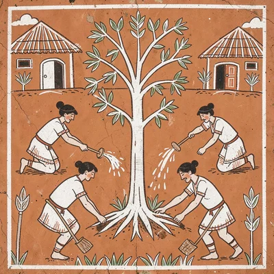 Communal tree planting — five figures digging and watering around a central sapl