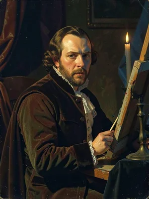 Painter at an easel, candle set to the side, face half in warm amber half in col