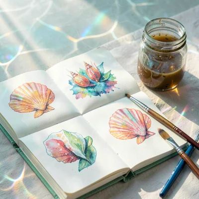 Soft diffused tropical light filtering through water vapor, An open sketchbook w