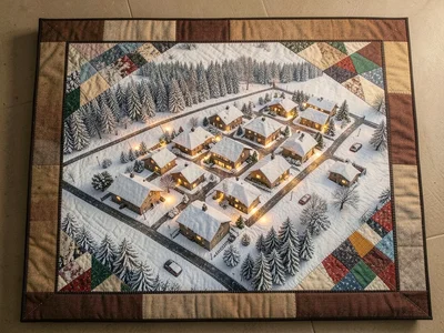 Aerial view of snow-covered village with lit houses, geometric holiday pattern