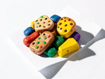 Pile of chunky clay food items including drumstick apple bread and cheese wedge