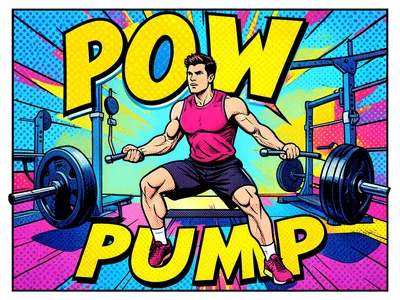 Gym workout in pop art style, Lichtenstein dots, bold "POW" and "PUMP" text