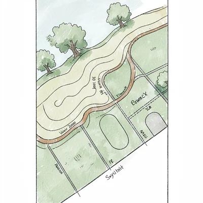 Vertical map of a sloped property showing contours, swales, and planting zones