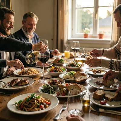 Mid-feast table scene, abundant hospitality, Table setting mid-meal with multipl
