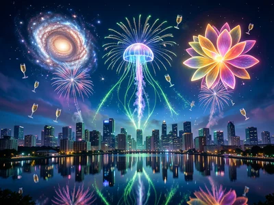 A city skyline at midnight with fireworks bursting above in surreal impossible c