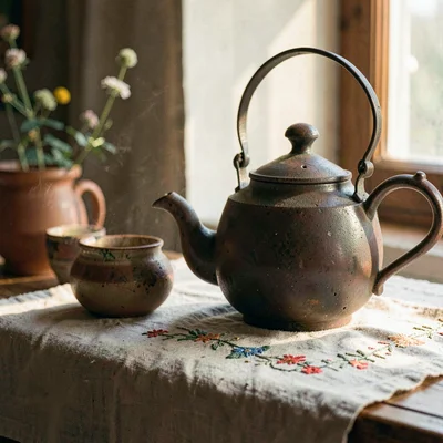Cassia-warmstack style still-life of a single vintage teapot beside a hand-embro