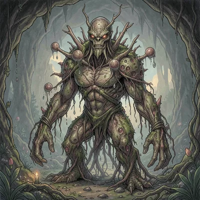 Fantasy creature illustration, a fungal horror creature with spore sacs and root