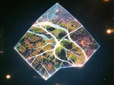Voronoi diagram overlaid on aerial river delta, cell boundaries following the br