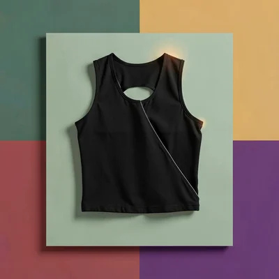 Centered catalog hero of a single black hydration vest on a sage-green block, so