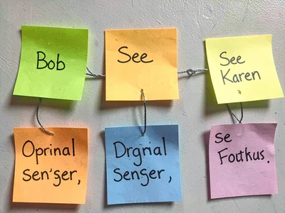 Sticky note chain of delegation: "See Bob" "See Karen" "See original sender," th