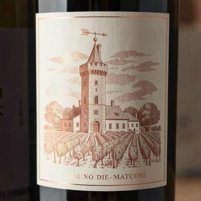 Wine label illustration, Chateau tower with weathervane , elegant estate scene, 