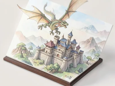 Dragon flying over medieval castle, everything tilt-shifted to look like miniatu