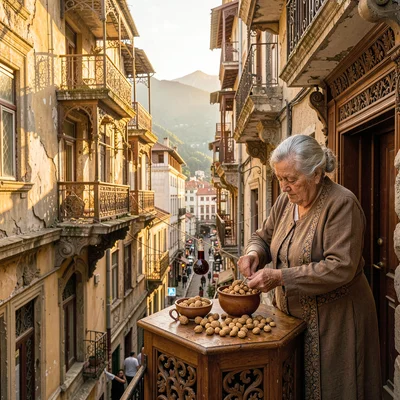 Crumbling Art Nouveau balconies in golden Tbilisi light, grandmother making chur