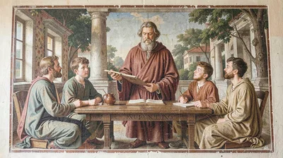 Fresco-style illustration, philosopher teaching students , painted into wet plas