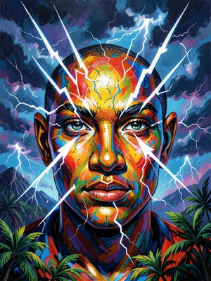 Face composed of lightning bolts, electric features, stormy sky background