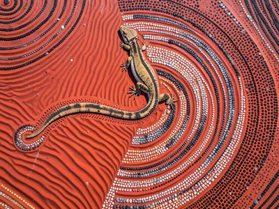 Sand ripples crossing red desert floor, aerial view, serpentine tracks of a liza