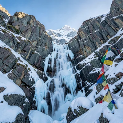High altitude clarity of Kathmandu, Nepal, Frozen waterfall on mountain face, ic