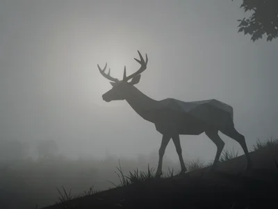 Half-visible faceted deer standing at the edge of a misty clearing with only its