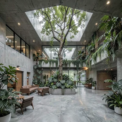 Singapore tropical modernism, green claiming grey, Hotel lobby with tree growing