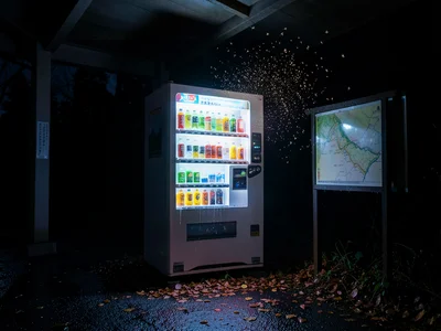 A vending machine in a covered walkway at a mountain trailhead, surrounded by da